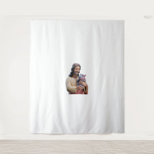 Goddelijke Jezus en Moo Deng in artistieke harmoni Wandkleed