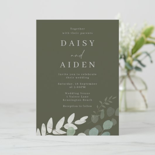 Goddelijke Olijf Groen Blad Elegantie Bruiloft Kaart (Staand voorkant)