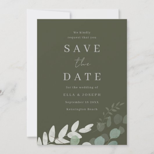 Goddelijke Olijfgroene Blad Elegantie Bruiloft Save The Date (Voorkant)