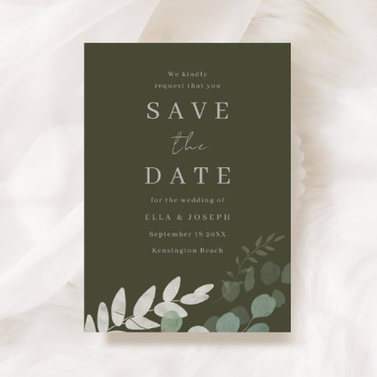 Goddelijke Olijfgroene Blad Elegantie Bruiloft Save The Date