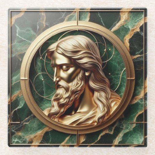 Goddelijke Ontmoeting Jezus Gezicht in  Goud Lijst Glazen Onderzetter (Voorkant)