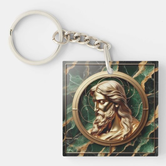 Goddelijke Ontmoeting Jezus Gezicht in  Goud Lijst Sleutelhanger (Voorkant)