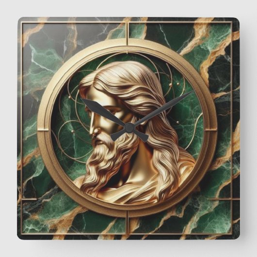 Goddelijke Ontmoeting Jezus Gezicht in Goud Lijst Vierkante Klok (Voorkant)