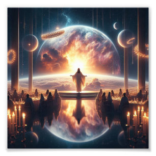 Goddelijke reflectie: Jezus in kosmische harmonie Foto Afdruk