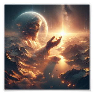Goddelijke reflectie: Jezus in kosmische harmonie Foto Afdruk