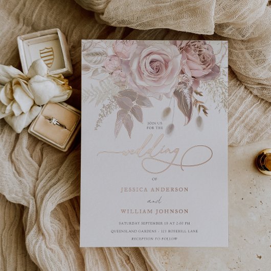 Goddelijke Roze Gouden Bloemen Elegant Script Brui Folie Uitnodiging