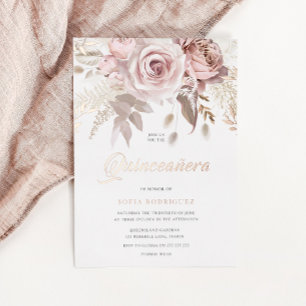 Goddelijke Roze Gouden Blush Bloemige Quinceanera Folie Uitnodiging