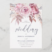 Goddelijke Roze & Zilver Moderne Bloemen Bruiloft Folie Uitnodiging (Voorkant)