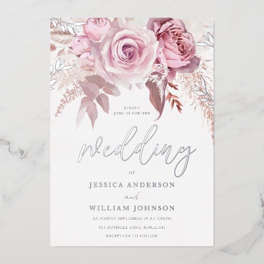 Goddelijke Roze & Zilver Moderne Bloemen Bruiloft Folie Uitnodiging (Voorkant)