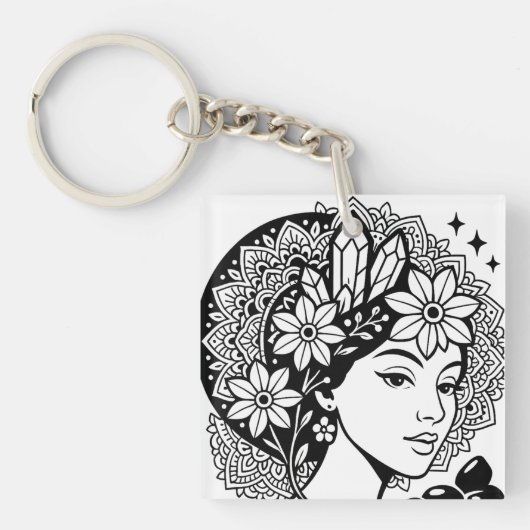 Goddelijke Vrouwelijke Mandala Art Floral Crystal Sleutelhanger (voorkant)