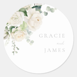 Goddelijke Witte Rozen & Sage Bruiloft Ronde Sticker
