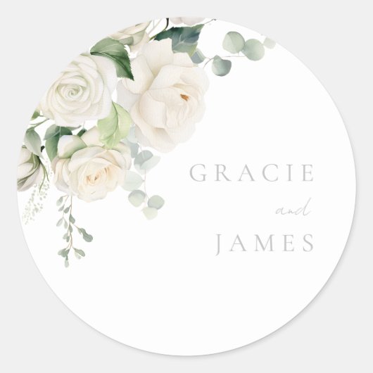 Goddelijke Witte Rozen & Sage Bruiloft Ronde Sticker (Voorkant)
