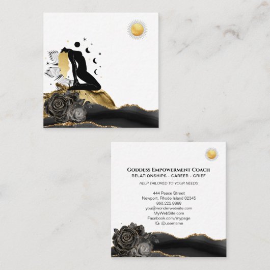 *~* Goddess Black Gold Hair Moon Sun Vierkante Visitekaartje (Voorkant / Achterkant)