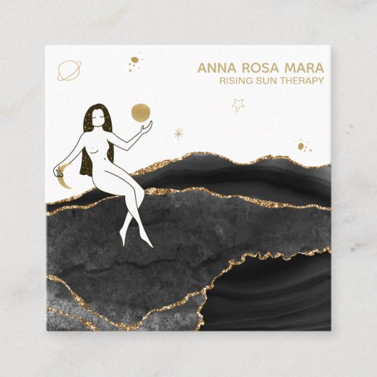 *~* Goddess Celestial Black Agate Gold Glitter Vierkante Visitekaartje (Voorkant)