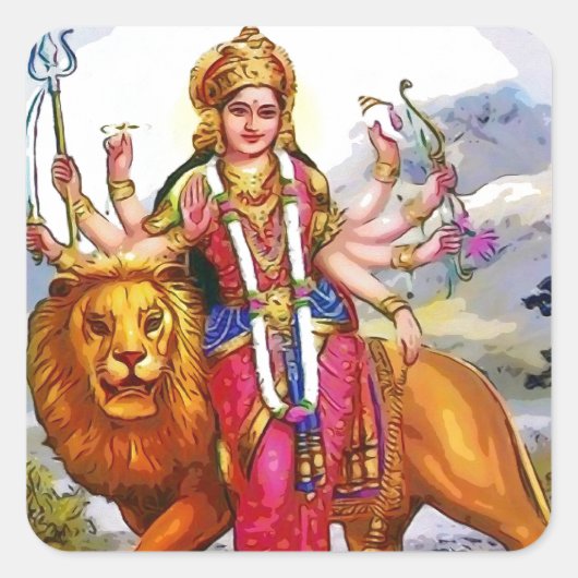 Goddess Durga met Lion Painting Vierkante Sticker (Voorkant)