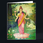 Goddess Lakshmi Kaart<br><div class="desc">Lakshmi is in de Indiase kunst afgebeeld als een elegant geklede, welvarende gouden kleurige vrouw die in padmasana op een lotustroon staat of zit, terwijl ze een lotus in haar hand houdt, symbool staat voor fortuin, zelfkennis en spirituele bevrijding. Haar iconografie show haar met vier handen, die de vier aspecten...</div>