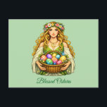 Goddess Ostara Spring Equinox Floral Basket Briefkaart<br><div class="desc">Celebrate the rebirth of nature with this enchanting Goddess Ostara design. Featuring a radiant maiden adorned with a spring wildflower crown, she holds a rustic basket filled with intricately decorated, glowing cosmic eggs. This illustration captures the magical energy of the Spring Equinox, making it a perfect choice for those who...</div>