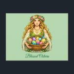 Goddess Ostara Spring Equinox Floral Basket Briefkaart<br><div class="desc">Celebrate the rebirth of nature with this enchanting Goddess Ostara design. Featuring a radiant maiden adorned with a spring wildflower crown, she holds a rustic basket filled with intricately decorated, glowing cosmic eggs. This illustration captures the magical energy of the Spring Equinox, making it a perfect choice for those who...</div>