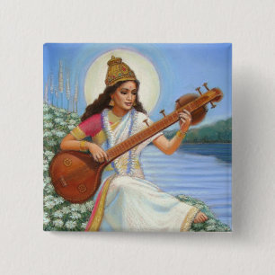 Goddess Sarasvati Vierkante Button 5,1 Cm