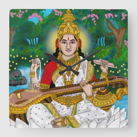 Goddess Saraswati Clock Vierkante Klok (Voorkant)