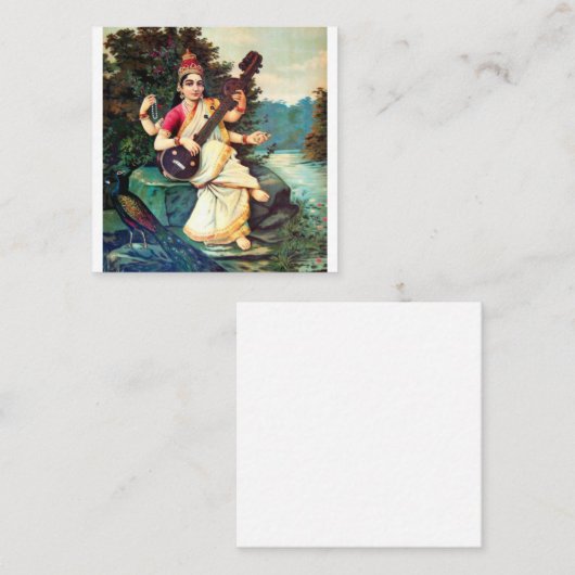 Goddess Saraswati van Raja Ravi Varma Vierkante Visitekaartje (Voorkant / Achterkant)