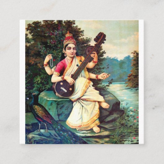Goddess Saraswati van Raja Ravi Varma Vierkante Visitekaartje (Voorkant)