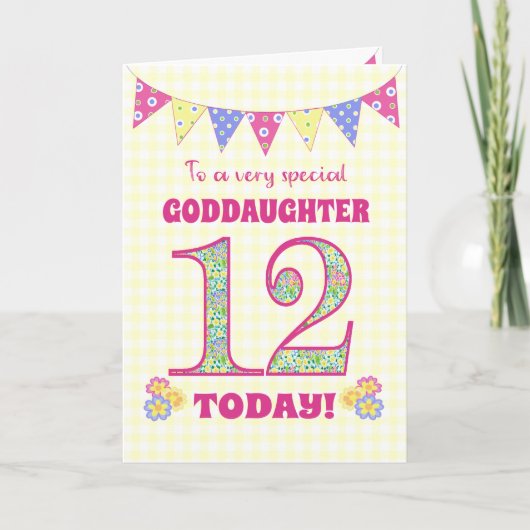Goddochter 12th Birthday Primroses Bunting Kaart (Voorkant)