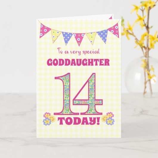 Goddochter 14th Birthday Primroses Bunting Kaart (Gele Bloem)