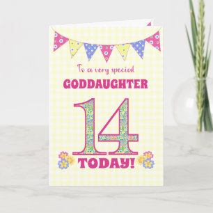 Goddochter 14th Birthday Primroses Bunting Kaart