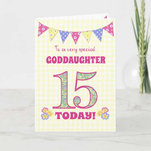Goddochter 15th Birthday Primroses Bunting Kaart (Voorkant)
