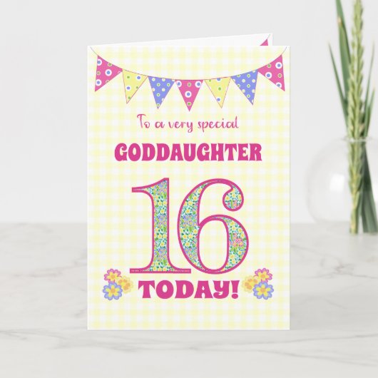 Goddochter 16th Birthday Primroses Bunting Kaart (Voorkant)
