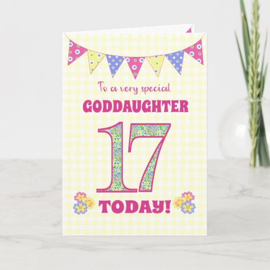Goddochter 17th Birthday Primroses Bunting Kaart (Voorkant)