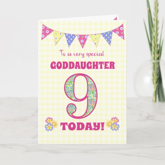 Goddochter 9th Birthday Primroses Bunting Kaart (Voorkant)