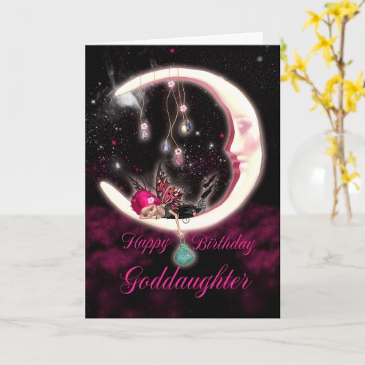 Goddochter Birthday Card - Fantasy Moon Fairy Kaart (Gele Bloem)