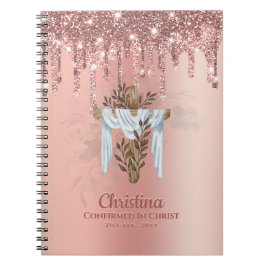 Goddochter CONFIRMATION Rosegold Glitter Cross Notitieboek