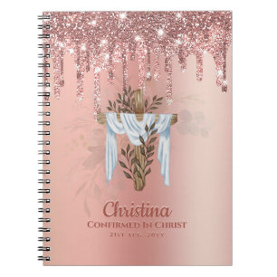 Goddochter CONFIRMATION Rosegold Glitter Cross Notitieboek