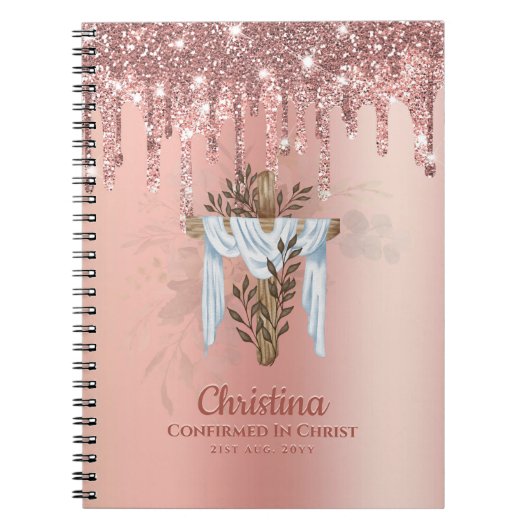 Goddochter CONFIRMATION Rosegold Glitter Cross Notitieboek (Voorkant)