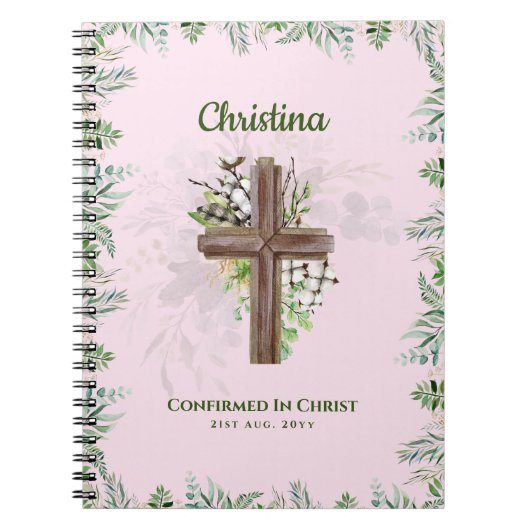 Goddochter CONFIRMATION roze Greenery Cross Notitieboek (Voorkant)