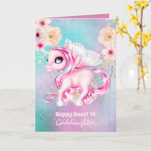 Goddochter Cute Unicorn Birthday IEDER LEEFTIJD Kaart (Gele Bloem)