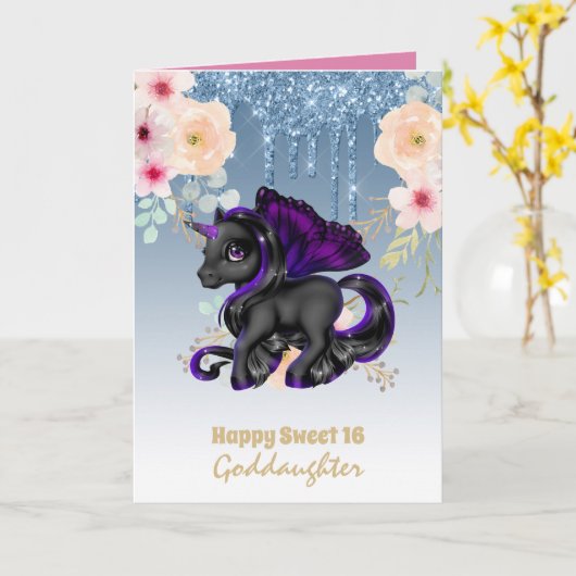 Goddochter Cute Unicorn Birthday IEDER LEEFTIJD Kaart (Gele Bloem)