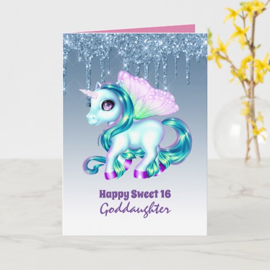 Goddochter Cute Unicorn Birthday IEDER LEEFTIJD Kaart (Gele Bloem)