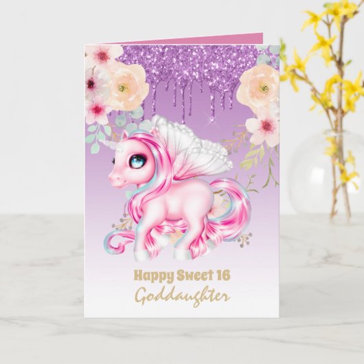 Goddochter Cute Unicorn Verjaardag ELKE LEEFTIJD Kaart (Gele Bloem)