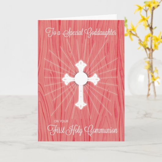 Goddochter eerste communie kruis en stralen op roz kaart (Gele Bloem)