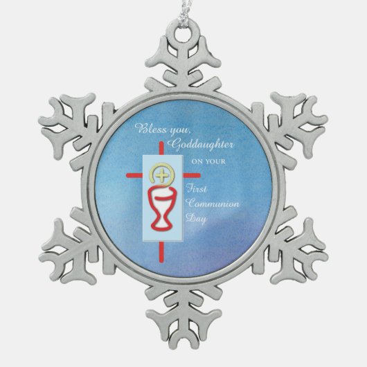 Goddochter, Eerste Heilige Communie, Turquoise Tin Sneeuwvlok Ornament (Voorkant)
