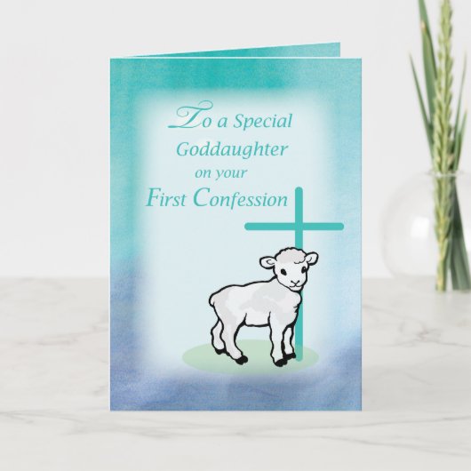 Goddochter First Confession Lamb Cross op Blauwgro Kaart (Voorkant)