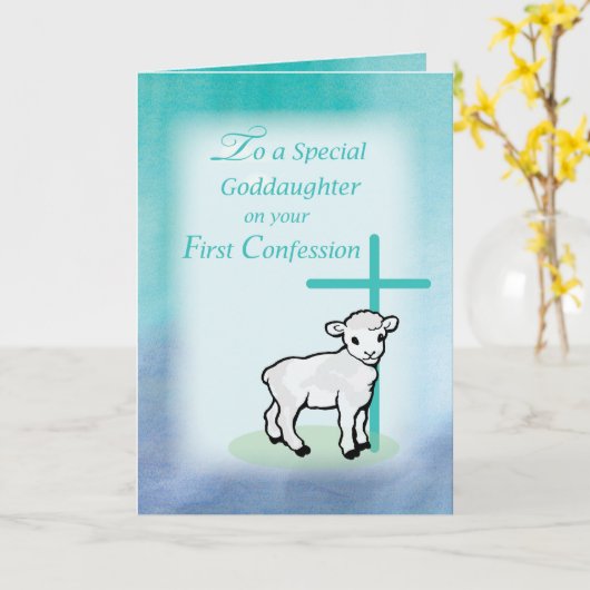 Goddochter First Confession Lamb Cross op Blauwgro Kaart (Gele Bloem)
