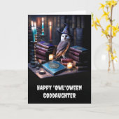Goddochter Happy Halloween met Uil Magische Boeken Kaart (Gele Bloem)