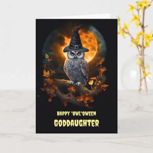 Goddochter Happy Halloween Uil en Pet Kaart (Gele Bloem)
