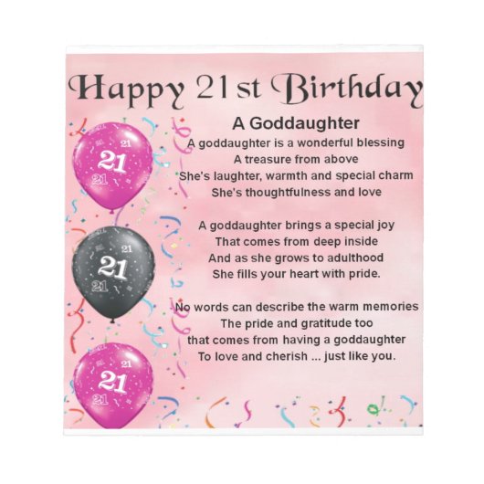 Goddochter Poem - 21e Birthday Design Notitieblok (Voorkant)