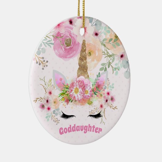 GODDOCHTER Roze Gouden Glitter Bloemen Eenhoorn Ge Keramisch Ornament (Rechts)